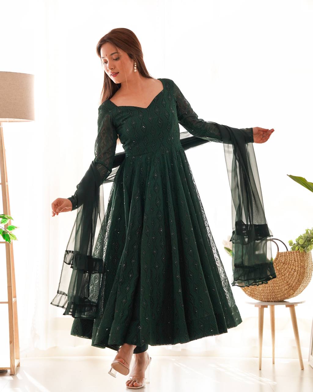 Festive Wear Green Color Soft Faux Georgette With Lucknowi Sequin Work Anarkali Gown