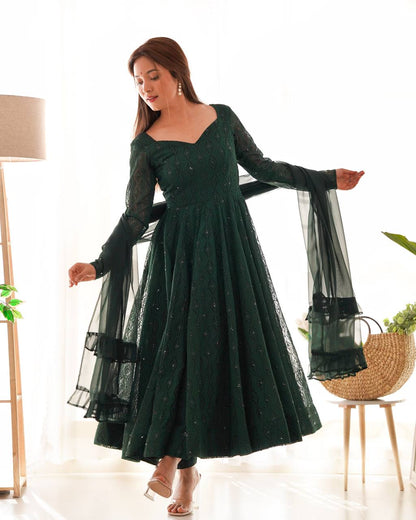 Festive Wear Green Color Soft Faux Georgette With Lucknowi Sequin Work Anarkali Gown