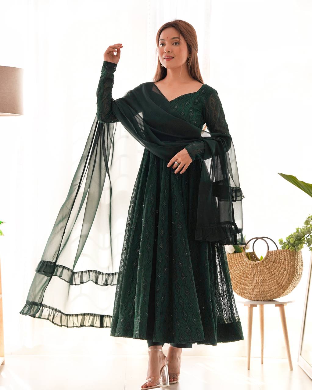 Festive Wear Green Color Soft Faux Georgette With Lucknowi Sequin Work Anarkali Gown