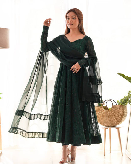 Festive Wear Green Color Soft Faux Georgette With Lucknowi Sequin Work Anarkali Gown