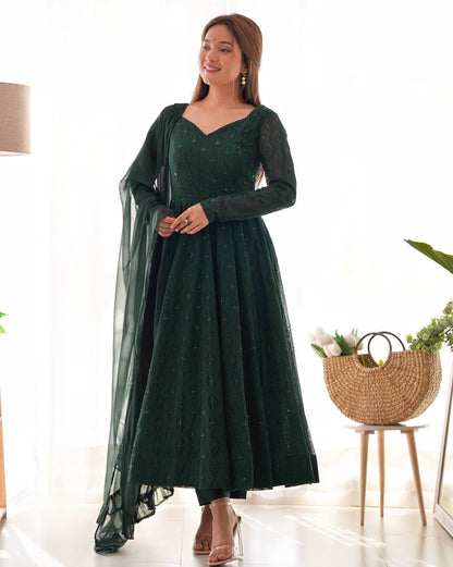 Festive Wear Green Color Soft Faux Georgette With Lucknowi Sequin Work Anarkali Gown