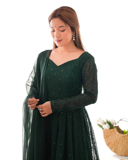 Festive Wear Green Color Soft Faux Georgette With Lucknowi Sequin Work Anarkali Gown
