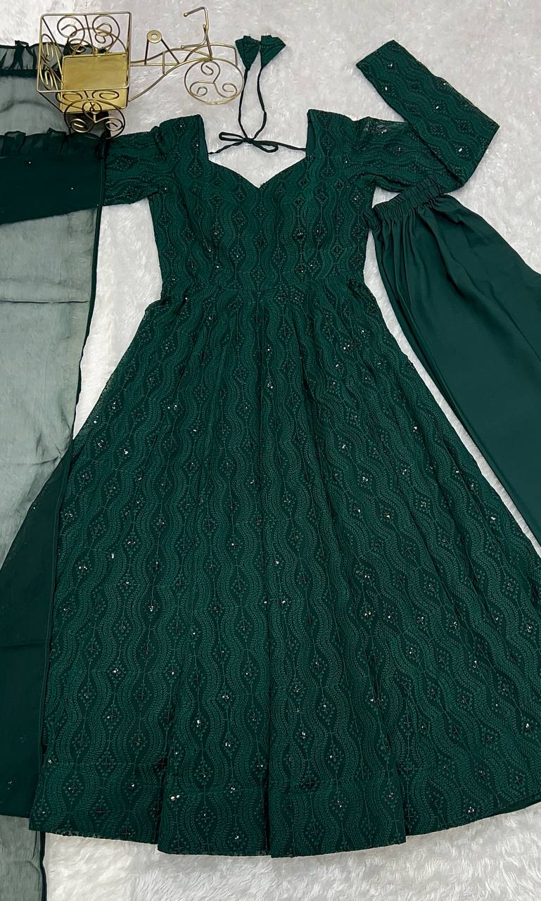 Festive Wear Green Color Soft Faux Georgette With Lucknowi Sequin Work Anarkali Gown