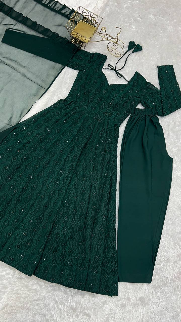 Festive Wear Green Color Soft Faux Georgette With Lucknowi Sequin Work Anarkali Gown