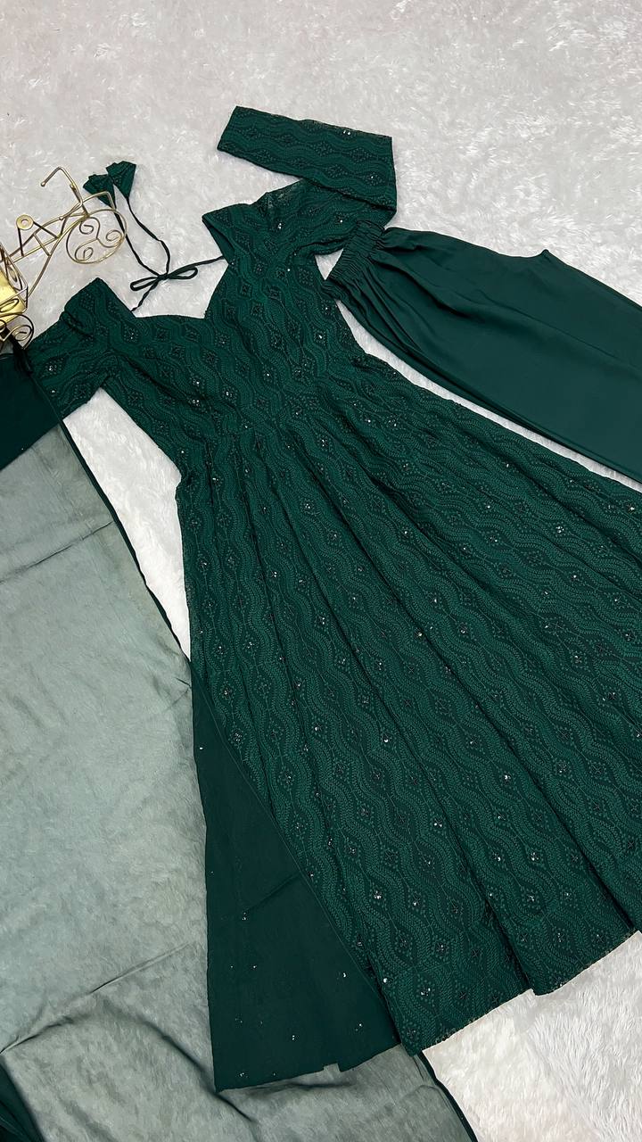 Festive Wear Green Color Soft Faux Georgette With Lucknowi Sequin Work Anarkali Gown