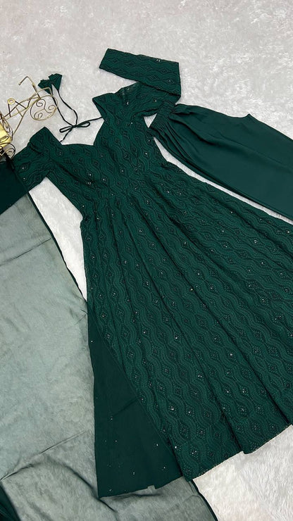 Festive Wear Green Color Soft Faux Georgette With Lucknowi Sequin Work Anarkali Gown