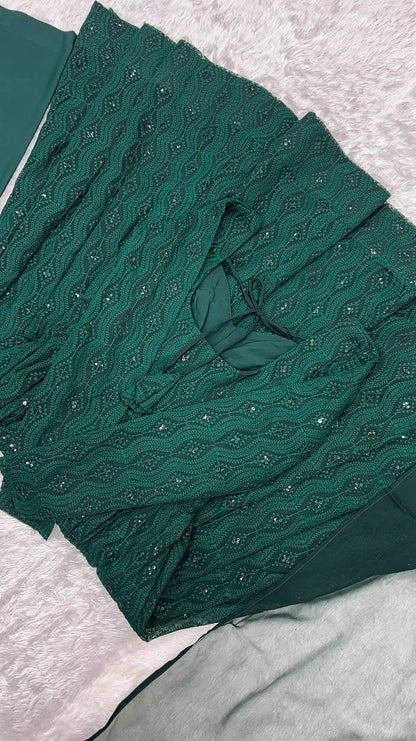 Festive Wear Green Color Soft Faux Georgette With Lucknowi Sequin Work Anarkali Gown