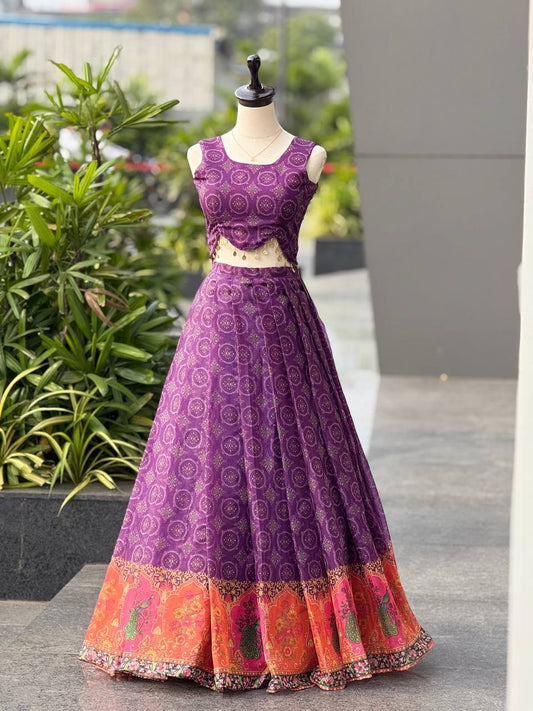 Wedding Wear Purple Color Organza Digital Printed Lehenga Choli