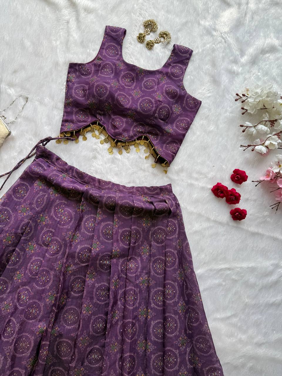 Wedding Wear Purple Color Organza Digital Printed Lehenga Choli