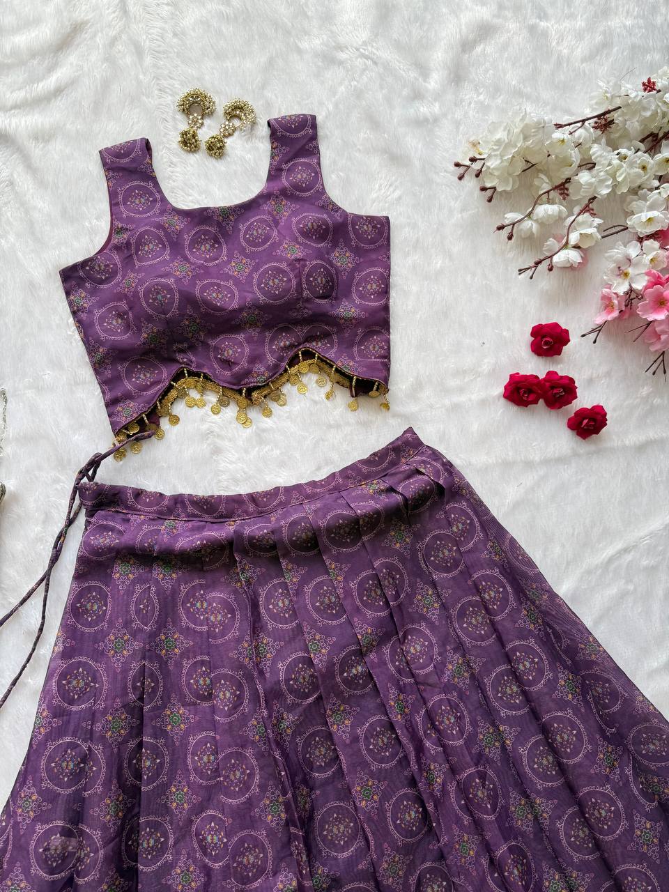 Wedding Wear Purple Color Organza Digital Printed Lehenga Choli