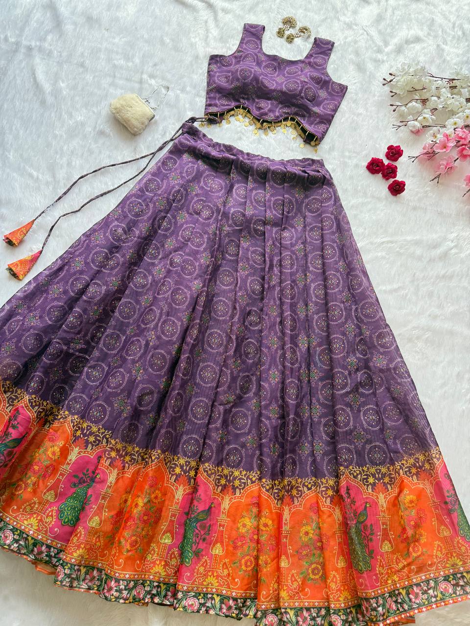 Wedding Wear Purple Color Organza Digital Printed Lehenga Choli