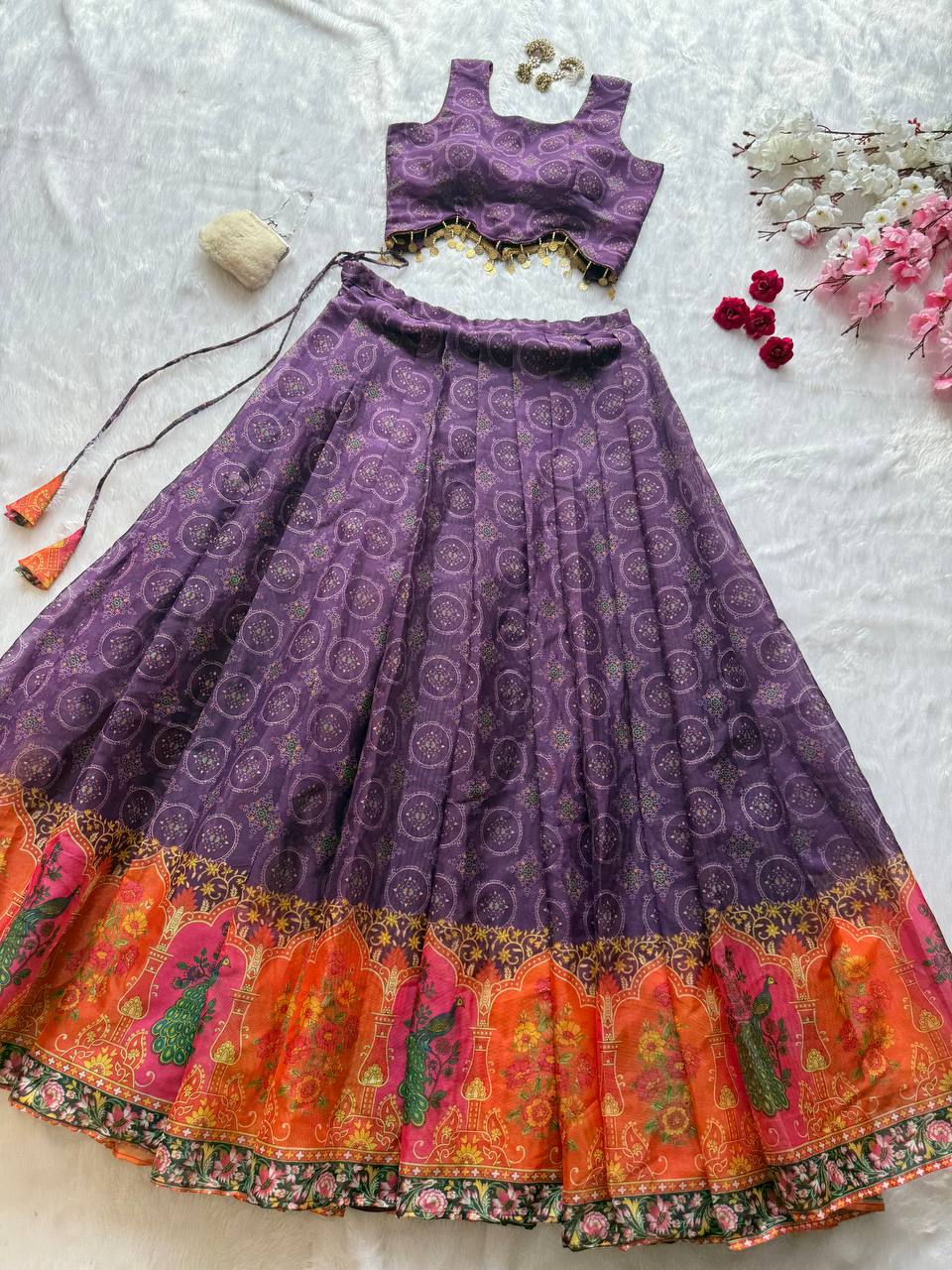 Wedding Wear Purple Color Organza Digital Printed Lehenga Choli