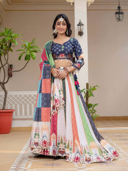 Navratri Wear Multi Color Premium Crepe Silk with Stunning Foil Print Work Beautiful Lehenga Choli