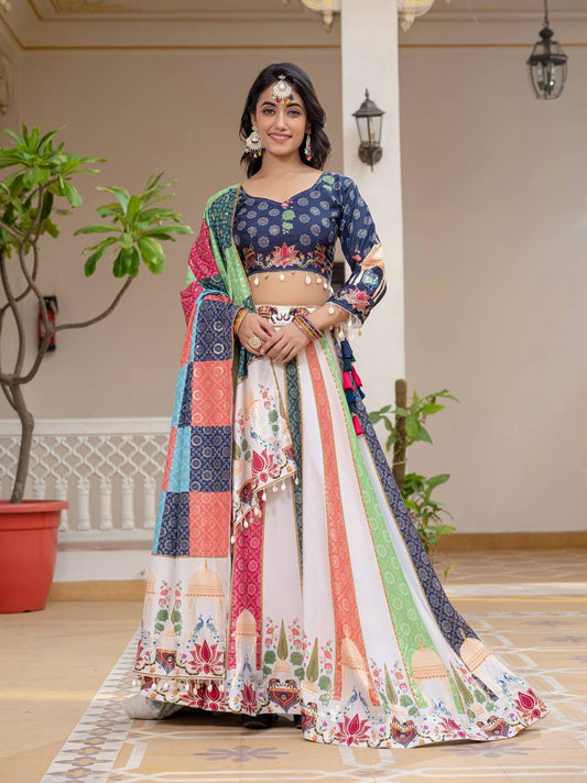 Navratri Wear Multi Color Premium Crepe Silk with Stunning Foil Print Work Beautiful Lehenga Choli
