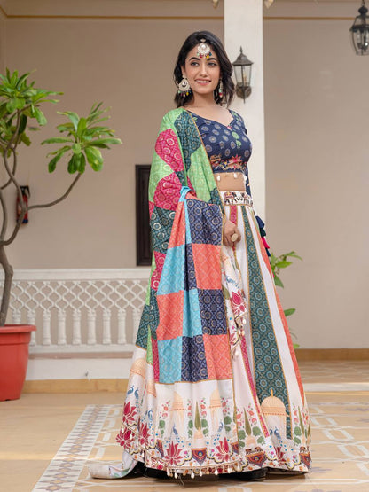 Navratri Wear Multi Color Premium Crepe Silk with Stunning Foil Print Work Beautiful Lehenga Choli