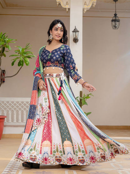 Navratri Wear Multi Color Premium Crepe Silk with Stunning Foil Print Work Beautiful Lehenga Choli