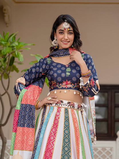 Navratri Wear Multi Color Premium Crepe Silk with Stunning Foil Print Work Beautiful Lehenga Choli