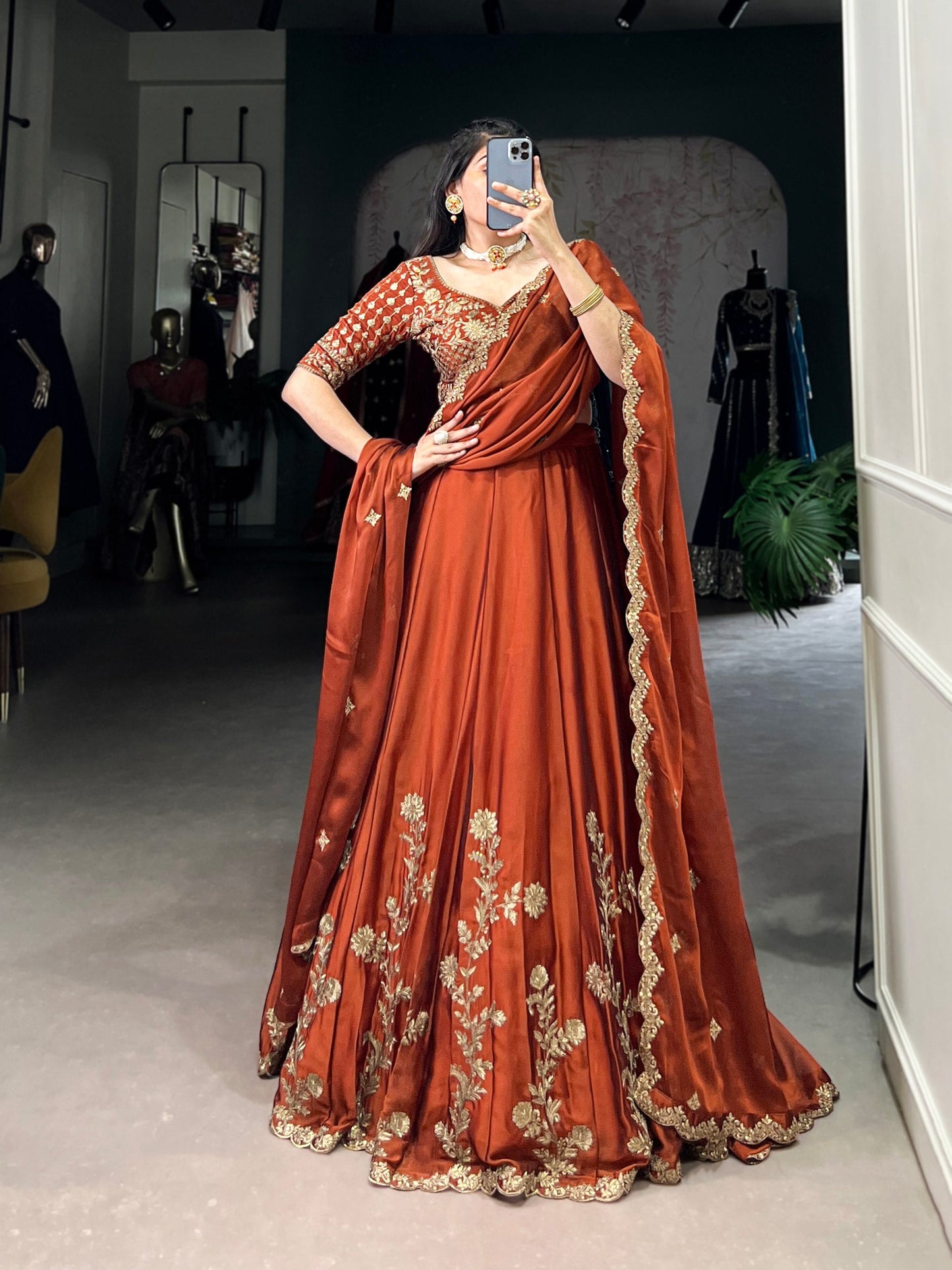 Wedding Wear Orange Color Rangoli Silk With Rich Texture Sequins And Thread Embroidery Work Lehenga Choli