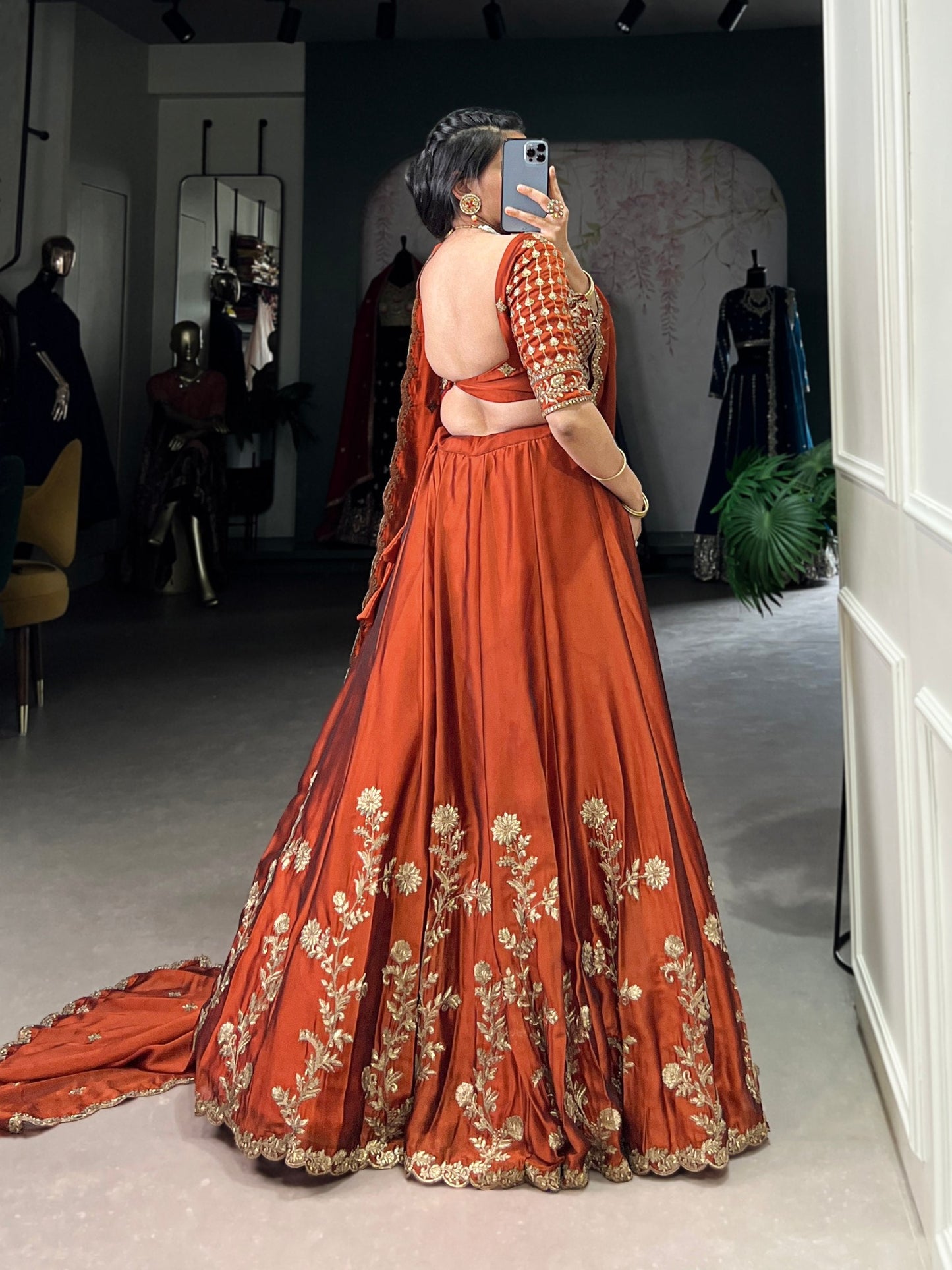 Wedding Wear Orange Color Rangoli Silk With Rich Texture Sequins And Thread Embroidery Work Lehenga Choli