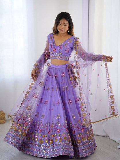 Party Wear Lavender Soft Net Intricate Thread And Sequin Embroidery Work Beautiful Lehenga Choli