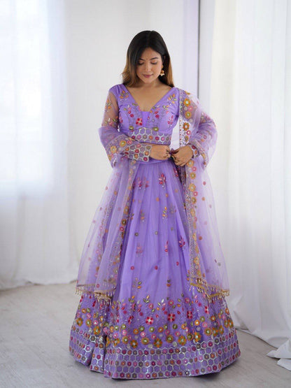 Party Wear Lavender Soft Net Intricate Thread And Sequin Embroidery Work Beautiful Lehenga Choli