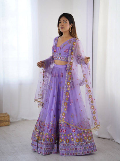 Party Wear Lavender Soft Net Intricate Thread And Sequin Embroidery Work Beautiful Lehenga Choli
