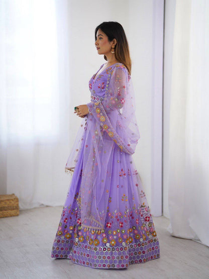 Party Wear Lavender Soft Net Intricate Thread And Sequin Embroidery Work Beautiful Lehenga Choli