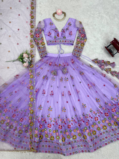 Party Wear Lavender Soft Net Intricate Thread And Sequin Embroidery Work Beautiful Lehenga Choli