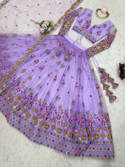 Party Wear Lavender Soft Net Intricate Thread And Sequin Embroidery Work Beautiful Lehenga Choli