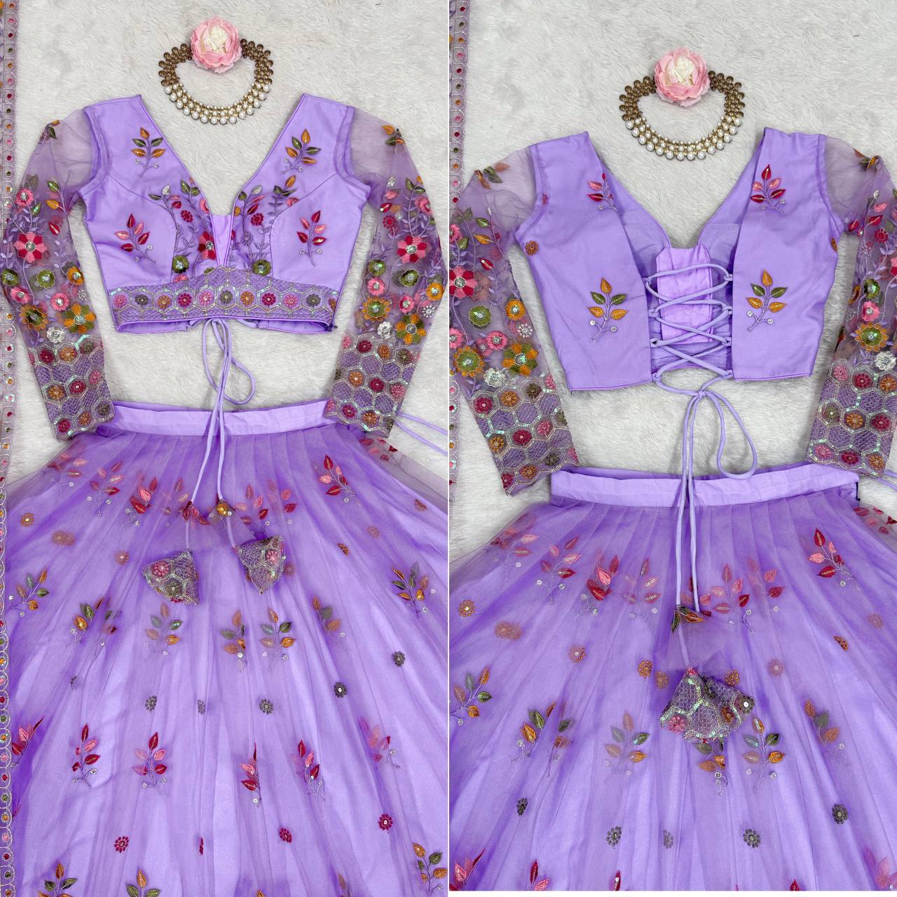 Party Wear Lavender Soft Net Intricate Thread And Sequin Embroidery Work Beautiful Lehenga Choli