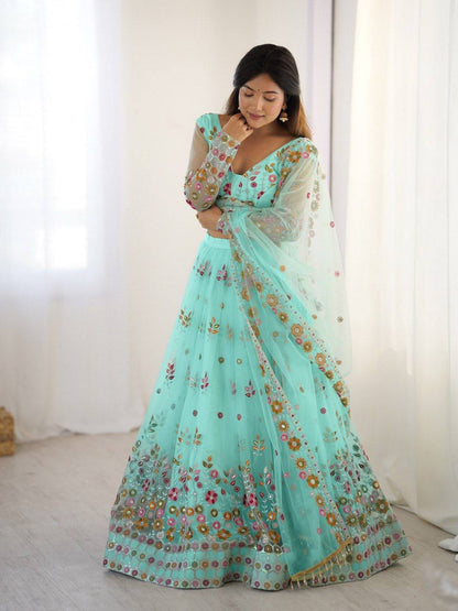 Party Wear Sky Blue Soft Net Intricate Thread And Sequin Embroidery Work Beautiful Lehenga Choli