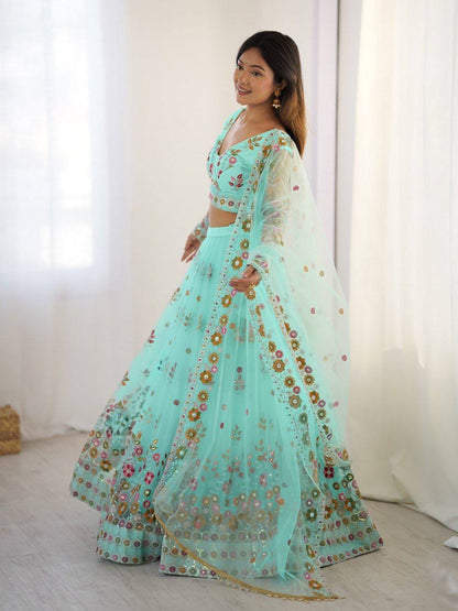 Party Wear Sky Blue Soft Net Intricate Thread And Sequin Embroidery Work Beautiful Lehenga Choli