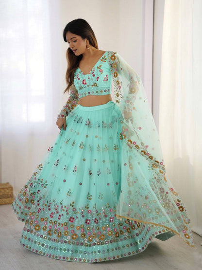 Party Wear Sky Blue Soft Net Intricate Thread And Sequin Embroidery Work Beautiful Lehenga Choli