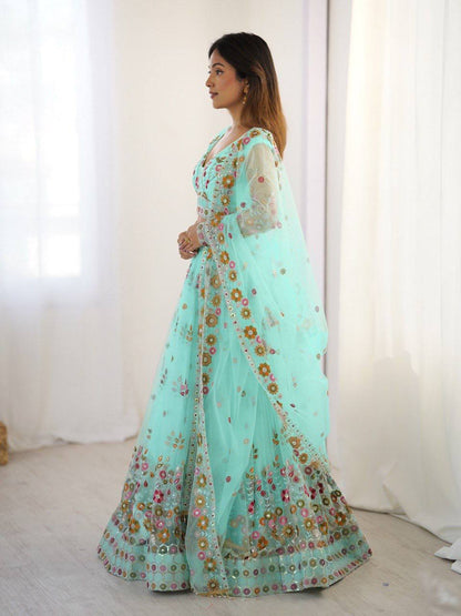 Party Wear Sky Blue Soft Net Intricate Thread And Sequin Embroidery Work Beautiful Lehenga Choli