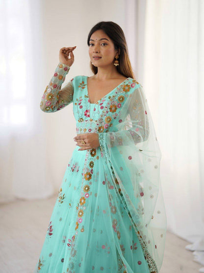 Party Wear Sky Blue Soft Net Intricate Thread And Sequin Embroidery Work Beautiful Lehenga Choli