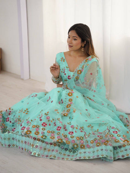 Party Wear Sky Blue Soft Net Intricate Thread And Sequin Embroidery Work Beautiful Lehenga Choli