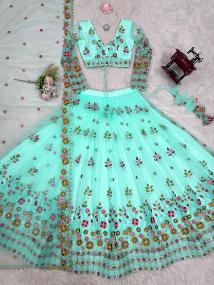 Party Wear Sky Blue Soft Net Intricate Thread And Sequin Embroidery Work Beautiful Lehenga Choli