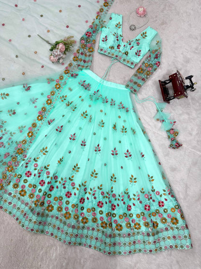 Party Wear Sky Blue Soft Net Intricate Thread And Sequin Embroidery Work Beautiful Lehenga Choli