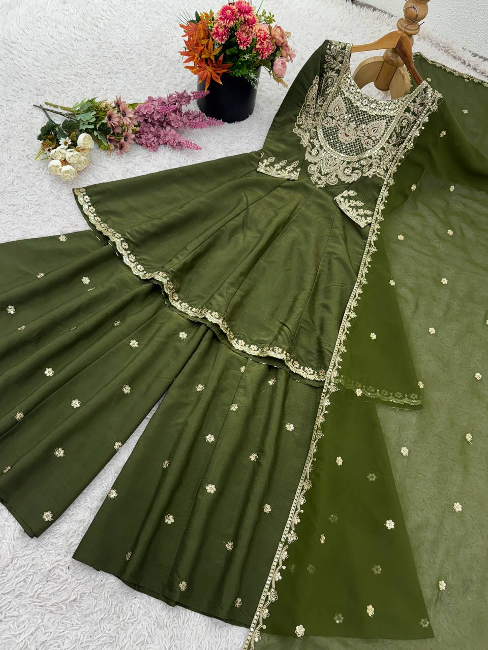 Party Wear Green Color Heavy Simar Silk And Embroidery With Sequence Work Designer Sharara Suit