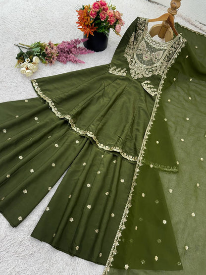 Party Wear Green Color Heavy Simar Silk And Embroidery With Sequence Work Designer Sharara Suit