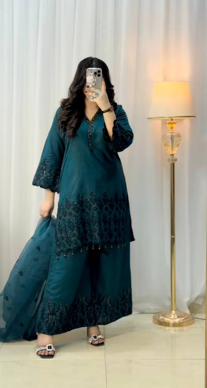 Ceremony Wear Teal Green Color Vichitra Silk With Beautiful Embroidery Sequin Work Palazzo Suit