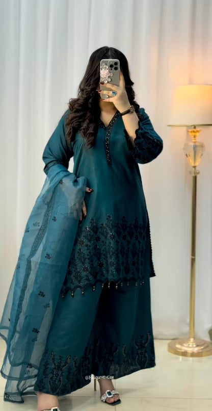 Ceremony Wear Teal Green Color Vichitra Silk With Beautiful Embroidery Sequin Work Palazzo Suit