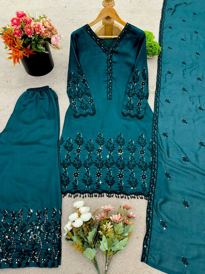 Ceremony Wear Teal Green Color Vichitra Silk With Beautiful Embroidery Sequin Work Palazzo Suit