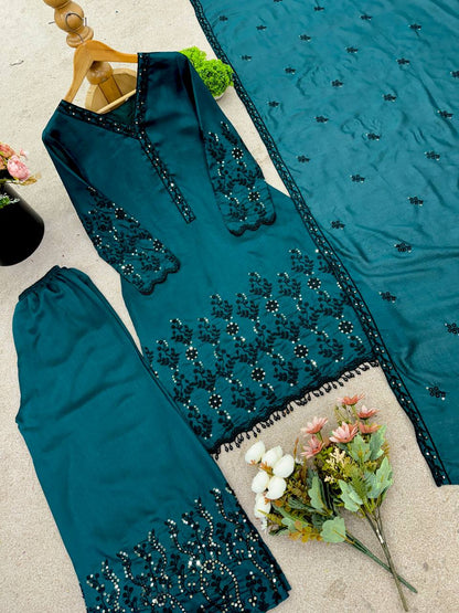 Ceremony Wear Teal Green Color Vichitra Silk With Beautiful Embroidery Sequin Work Palazzo Suit
