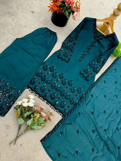 Ceremony Wear Teal Green Color Vichitra Silk With Beautiful Embroidery Sequin Work Palazzo Suit