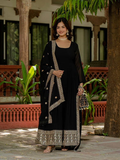 Wedding Wear Black Color Faux Georgette Heavy Embroidery Work Beautiful Gown