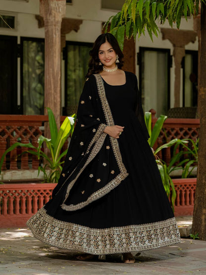 Wedding Wear Black Color Faux Georgette Heavy Embroidery Work Beautiful Gown