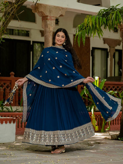 Wedding Wear Navy Blue Color Faux Georgette Heavy Embroidery Work Beautiful Gown