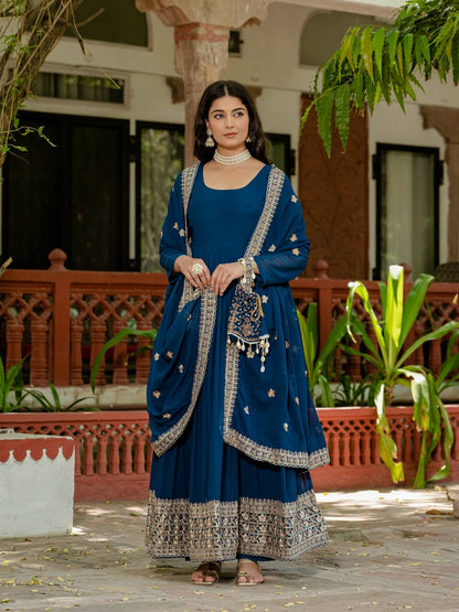 Wedding Wear Navy Blue Color Faux Georgette Heavy Embroidery Work Beautiful Gown