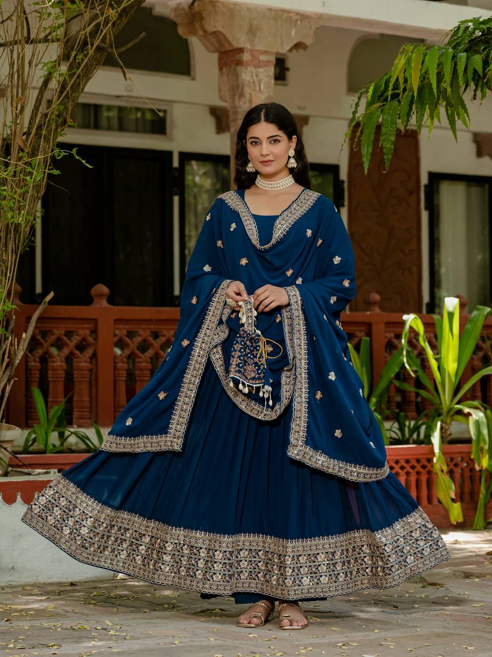 Wedding Wear Navy Blue Color Faux Georgette Heavy Embroidery Work Beautiful Gown